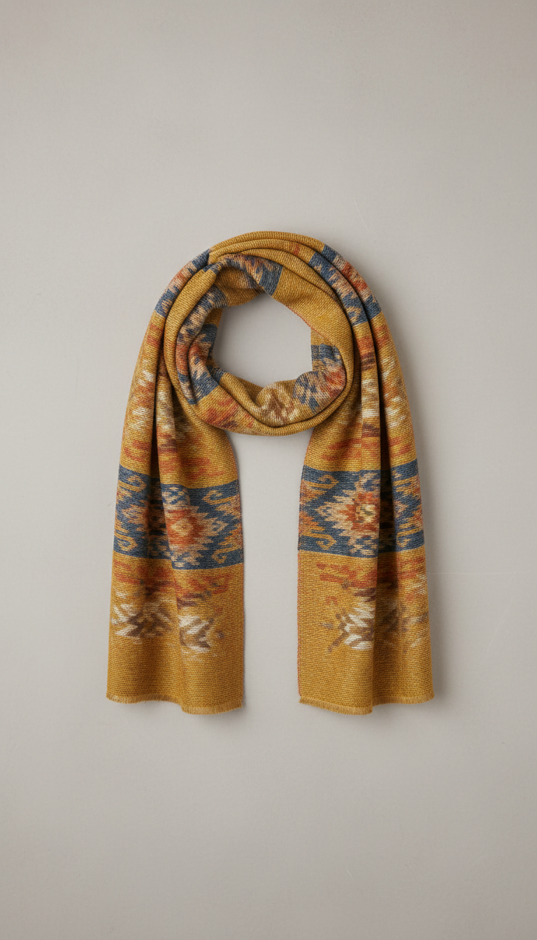 Mustard Gold Patterned Scarf With Woven Detail