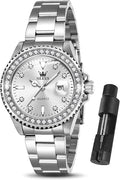 OLEVS Watches Women with Date Silver Stainless Steel