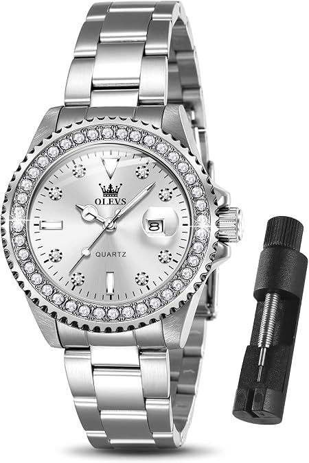 OLEVS Watches Women with Date Silver Stainless Steel