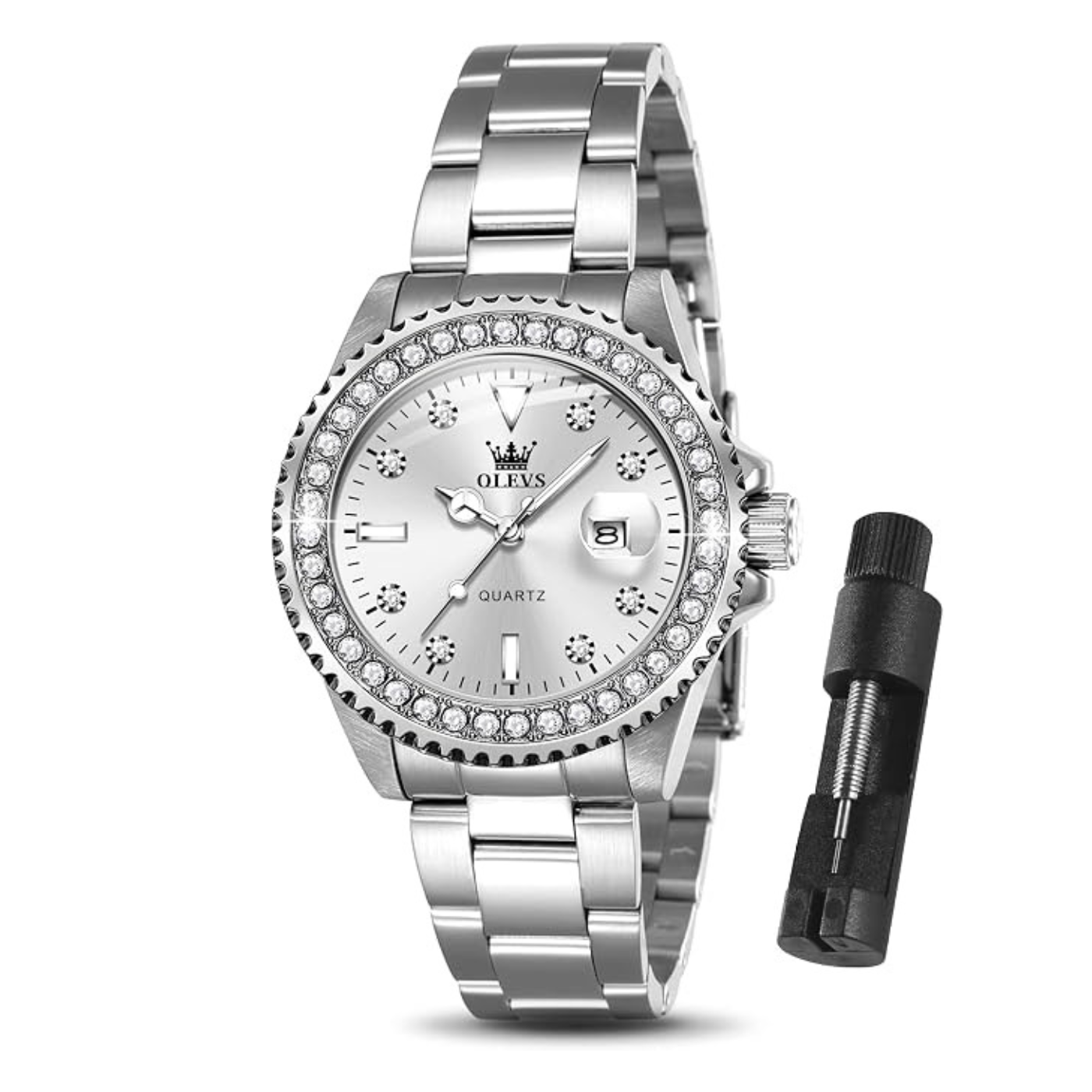 OLEVS Watches Women with Date Silver Stainless Steel